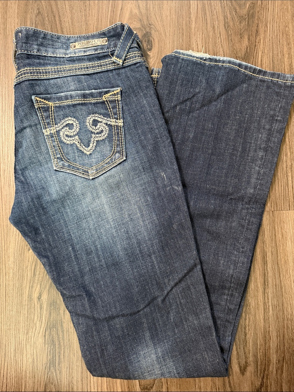Express ReRock Women's Dark Indigo Barely Boot Jeans with Tan Contrast Stitching